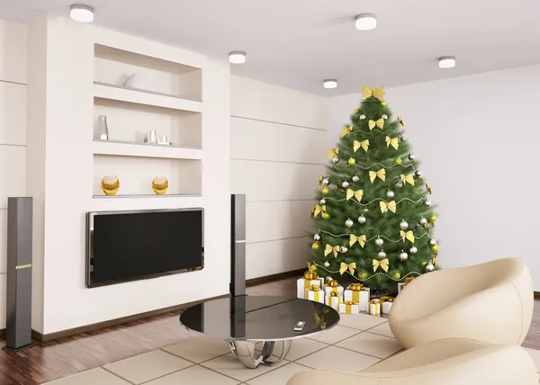 Рождественская ель в интерьере гостиной 3d — стоковое фото