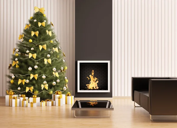 Árbol de abeto de Navidad en la habitación con chimenea interior 3d render — Foto de Stock