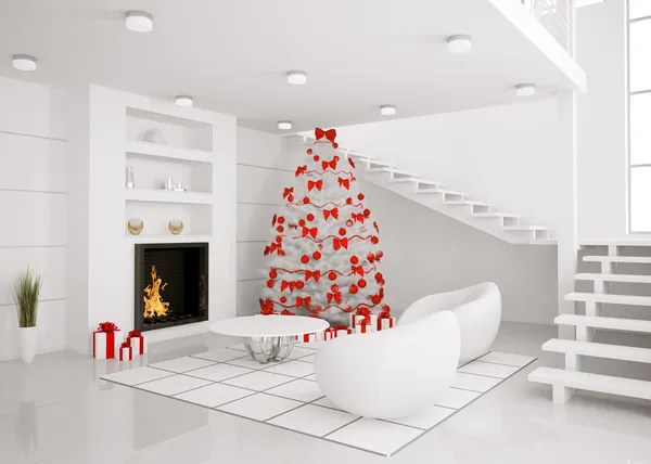 Χριστουγεννιάτικο δέντρο με το σύγχρονο εσωτερικό 3d καθιστούν — Φωτογραφία Αρχείου