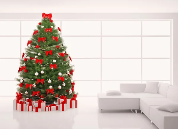 Kerstboom met rode decoraties in witte interieur 3d renderen — Stockfoto