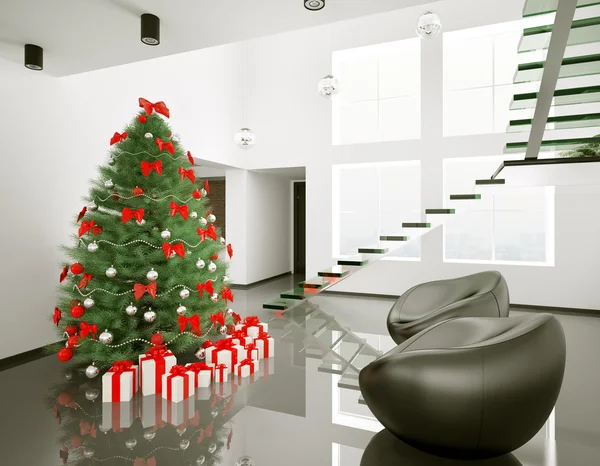 Рождественская елка в современном интерьере комнаты 3d — стоковое фото