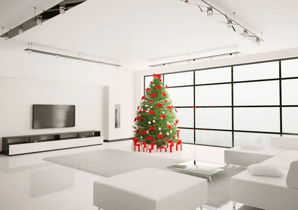Vánoční strom v interiéru obývacího pokoje 3d vykreslení — Stock fotografie