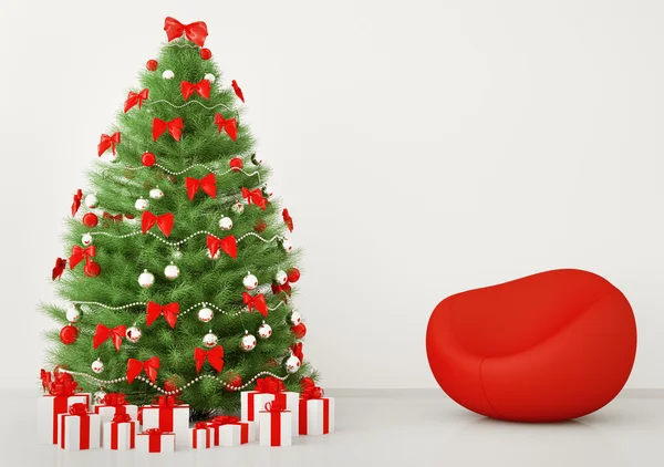 Árvore de Natal na sala com poltrona interior 3d render — Fotografia de Stock