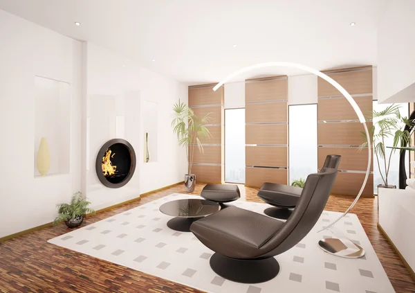 Interior moderno da sala de estar com lareira renderização 3d — Fotografia de Stock
