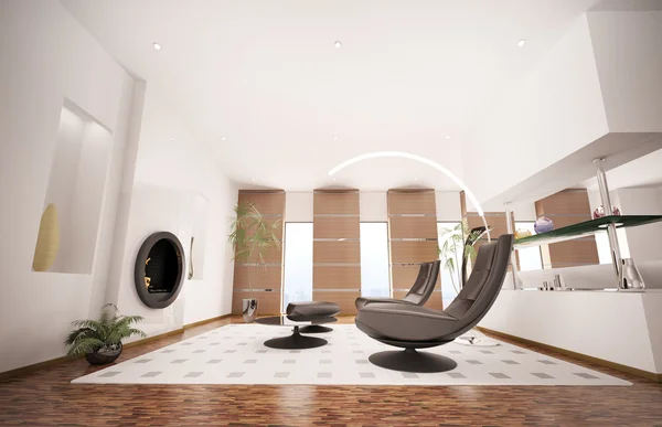 Interior moderno de la sala de estar con chimenea 3d render —  Fotos de Stock