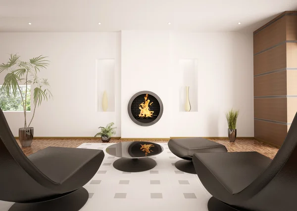 Modernes Interieur des Wohnzimmers mit Kamin 3D-Render — Stockfoto