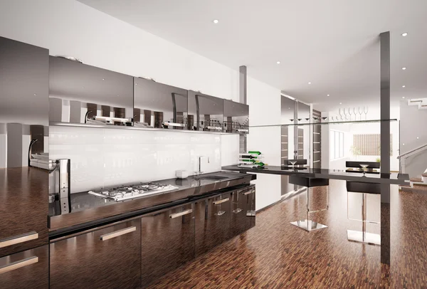 Moderna cozinha preta interior 3d render — Fotografia de Stock