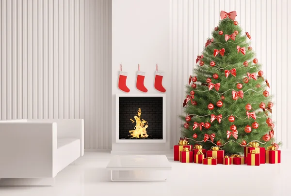 Interieur met kerstboom en open haard 3d render — Stockfoto