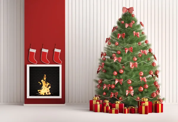 Árbol de abeto de Navidad y chimenea 3d render — Foto de Stock