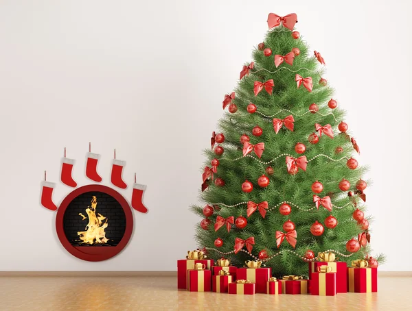 Fir kerstboom en open haard 3d render — Stockfoto