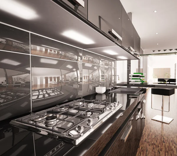 Interno della moderna cucina nera rendering 3d — Foto Stock