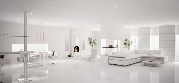 Interior del moderno panorama apartamento blanco 3d render Fotos de stock libres de derechos