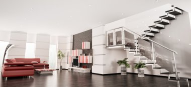 Modern apartment with staircase interior panorama 3d render clipart