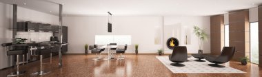 İç modern daire salon mutfak panorama 3d render