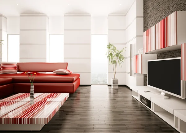 现代客厅与红色沙发和液晶屏室内 — 图库照片