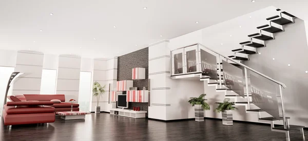 Moderne Wohnung Mit Treppenhaus Innenpanorama Render — Stockfoto