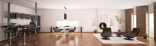 Interior of modern apartment living room kitchen panorama 3d render