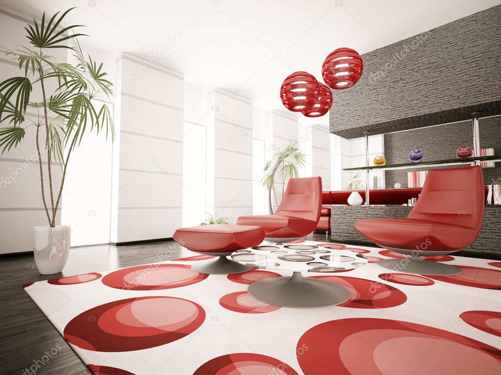 Modern interior of living room with red armchairs 3d render