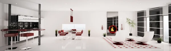 Interiér Moderní Byt Obývák Kuchyň Panorama Vykreslení — Stock fotografie