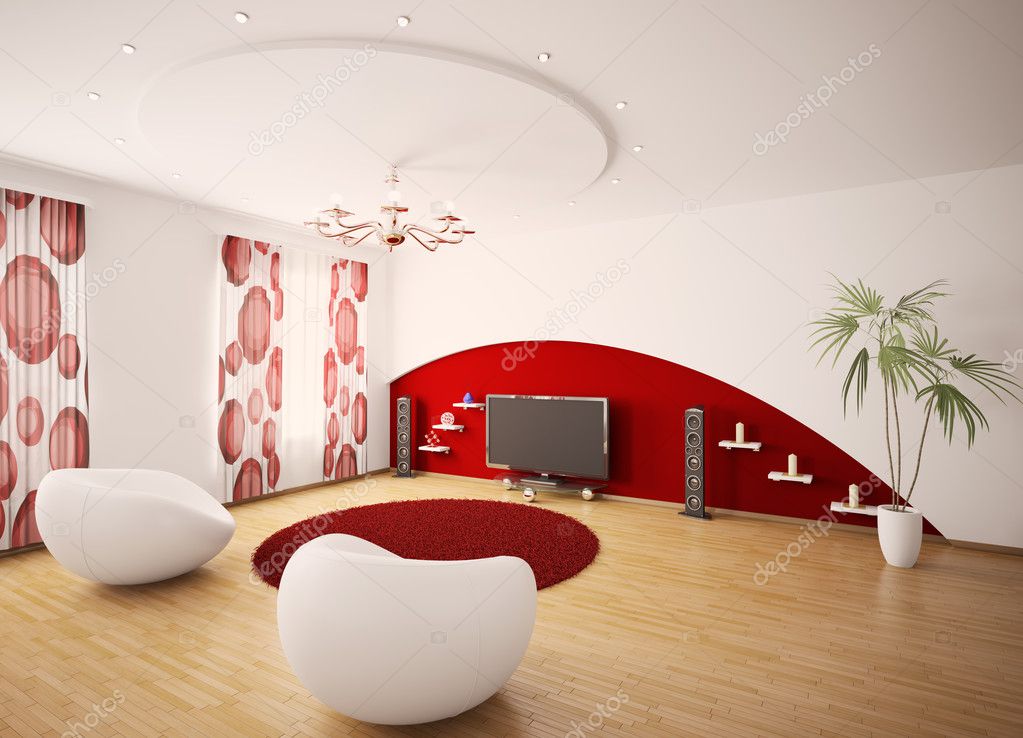 Modern interior of living room with two armchairs and LCD 3d render