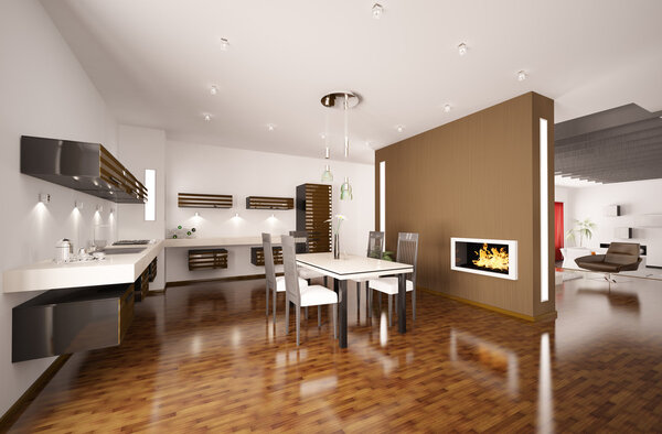 Interior of modern brown kitchen with fireplace 3d render