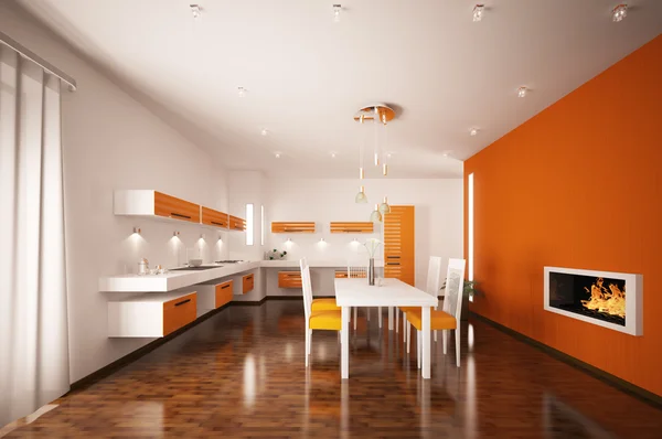 Interior de la cocina moderna con chimenea 3d render — Foto de Stock