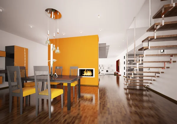 Innenraum der modernen orangefarbenen Küche 3D-Render — Stockfoto