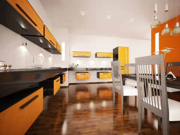 Μοντέρνα πορτοκαλί κουζίνα εσωτερικό 3d καθιστούν — Φωτογραφία Αρχείου