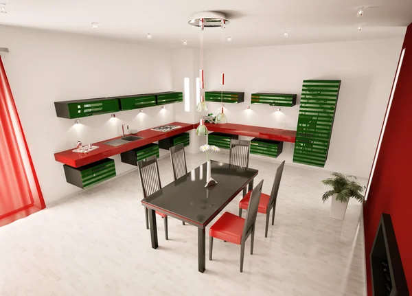 Interior de la cocina moderna vista superior 3d render —  Fotos de Stock