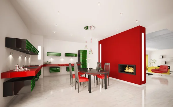 Wnętrze nowoczesna kuchnia z kominkiem render 3d — Zdjęcie stockowe