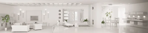 Białe wnętrze nowoczesne apartamenty panorama 3d Render — Zdjęcie stockowe