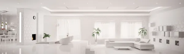 Bílý interiér moderní apartmán panorama 3d Render — Stock fotografie