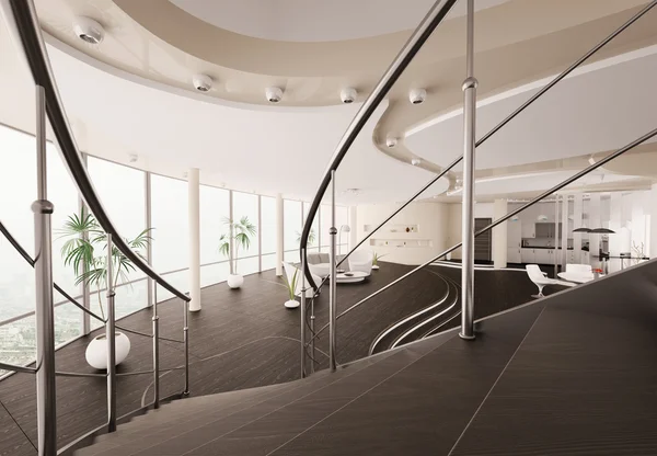 Vista interior moderna desde escalera 3d render —  Fotos de Stock