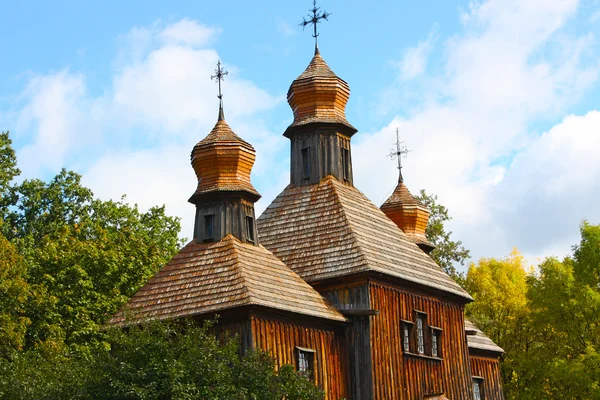 Ξύλινα σπίτια στα χρωματισμένα δέντρα που λαμβάνονται στο πάρκο το φθινόπωρο στην pirogovo — Φωτογραφία Αρχείου