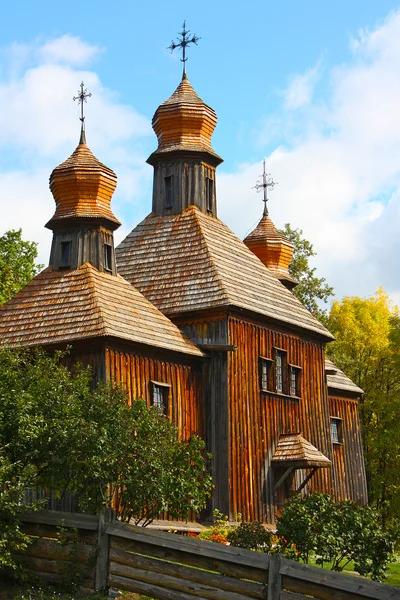 Maisons en bois dans les arbres colorés prises dans le parc en automne à Pirogovo — Photo