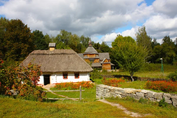 Dřevěné domy v barevných stromů přijatých v parku na podzim v pirogovo — Stock fotografie