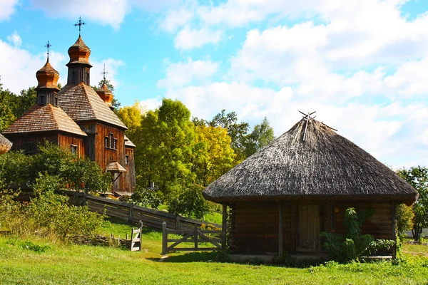 Dřevěné domy v barevných stromů přijatých v parku na podzim v pirogovo — Stock fotografie