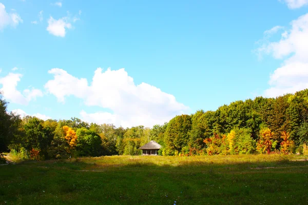 Stock image Wooden houses in colored trees taken in park in autumn in Pirogovo