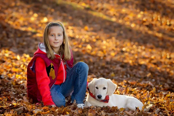 Gelukkig meisje met puppy — Stockfoto