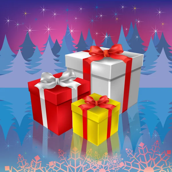 Karácsonyi ajándékok egy erdőben háttér — Stock Vector