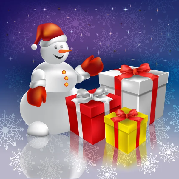 Navidad saludo muñeco de nieve con regalos — Vector de stock