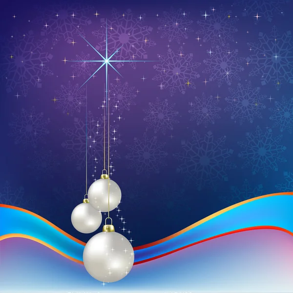 Boże Narodzenie pozdrowienia białe kulki z niebieską wstążką — Wektor stockowy