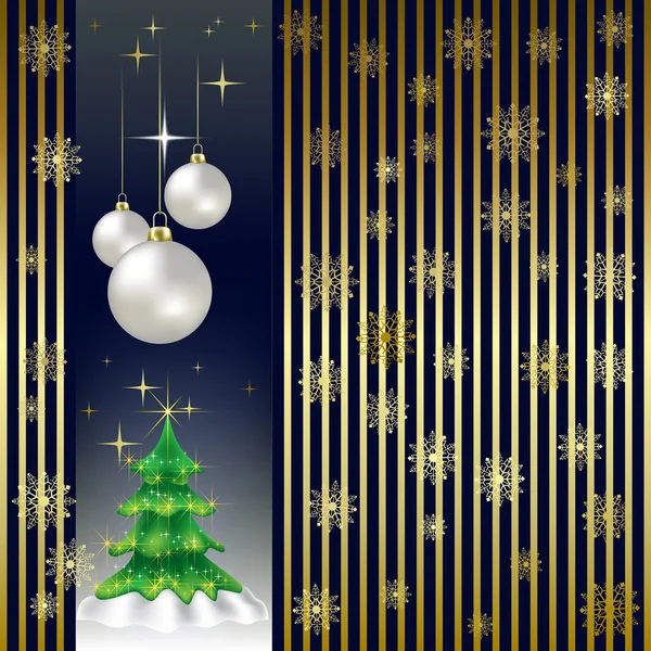 Kerstboom en ballen op een gouden achtergrond — Stockvector