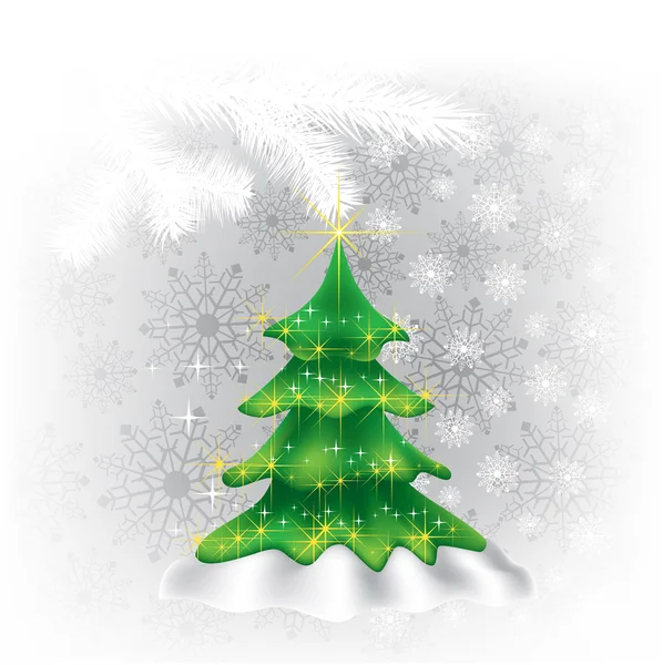 Noel ağacı ve beyaz zemin üzerine kar taneleri — Stok Vektör