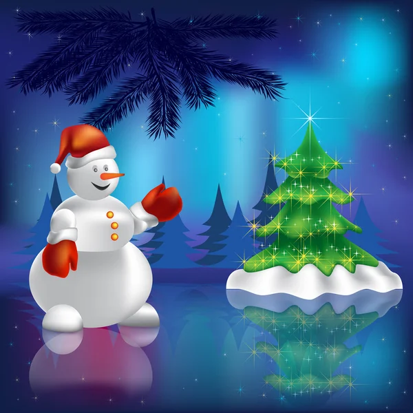 Kerstboom en sneeuwpop in het bos — Stockvector