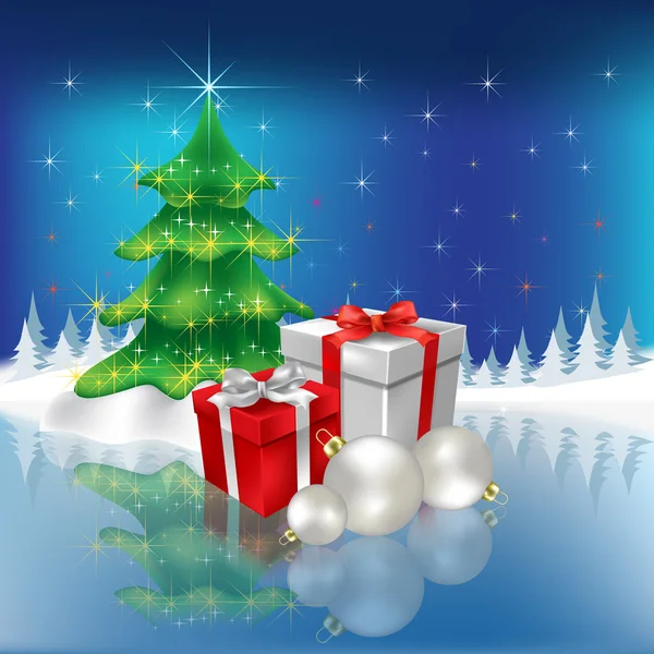 Julgran med gåvor och bollar — Stock vektor