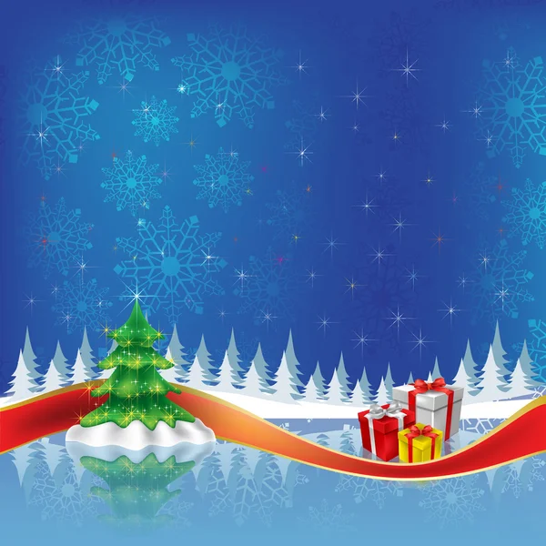 Julgran med gåvor på blå bakgrund — Stock vektor