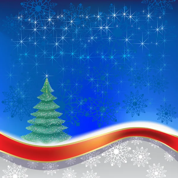파란색 바탕에 빨간 리본으로 크리스마스 트리 — 스톡 벡터