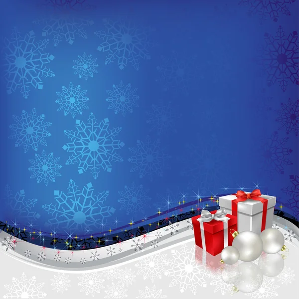 Regalos de felicitación navideños con bolas sobre fondo azul Vectores de stock libres de derechos