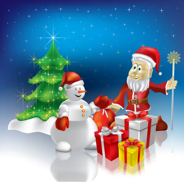 Salutation de Noël Père Noël et bonhomme de neige avec des cadeaux — Image vectorielle